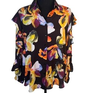 Chico’s Chiffon Ruffle Long Sleeve Top Size 4 Floral V-Neck Button Down Black